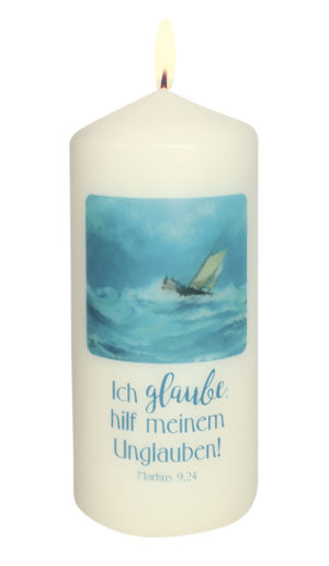 Kerze klein: Ich glaube; hilf meinem Unglauben! (Motiv Boot)