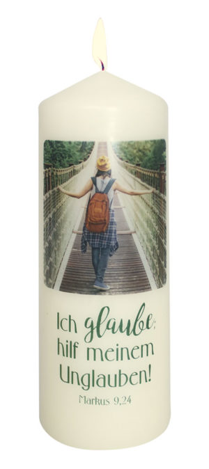 Kerze: Ich glaube; hilf meinem Unglauben! (gross, Motiv Brücke)