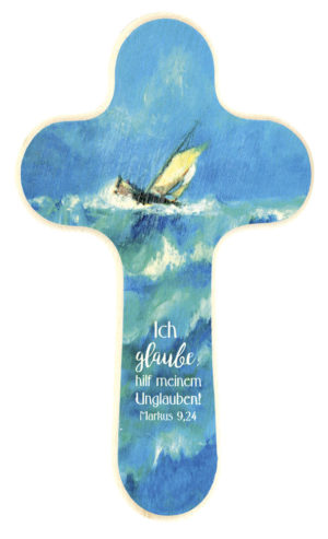 Holzkreuz: Ich glaube; hilf meinem Unglauben! (gross, Motiv Boot)
