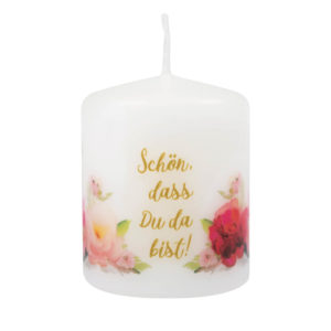 Tischkerze: Schön, dass Du da bist! (Motiv Rosen)