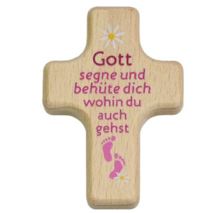 Handkreuz: Gott segne dich und behüte dich (Holz pink bedruckt)