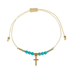 Armband Textil "Perlen/Kreuz/Edelstahl" - türkis